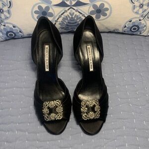 Manolo Blahnik Cassiado 90 Black Satin Crystal D'Orsay Peep Toe Sandals Pumps